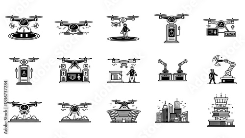 Diverse set of drone technology and automation icons showcasing modern innovations and applications