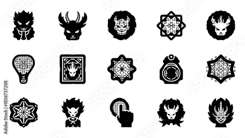 Diverse set of stylized monochrome icons featuring mythical creatures and geometric designs