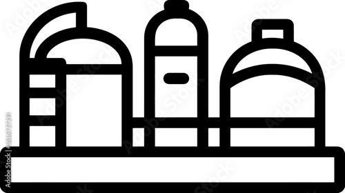 Industrial Chemical Plant Factory Complex Line Art Icon. Outline Vector Graphic for Manufacturing, Refinery, Production Facility Design.
