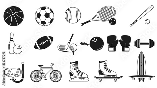 Diverse sports and recreation equipment black and white vector illustration set