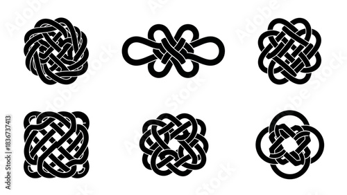 Elegant compilation of six different black Celtic knot designs on white background