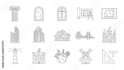 Elegant line art icons set featuring architectural elements and landmarks design project