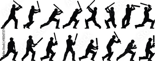 Silhouettes of bat-swinging athletes in dynamic poses — sports motion reference for baseball, cricket, posture, and technique studies