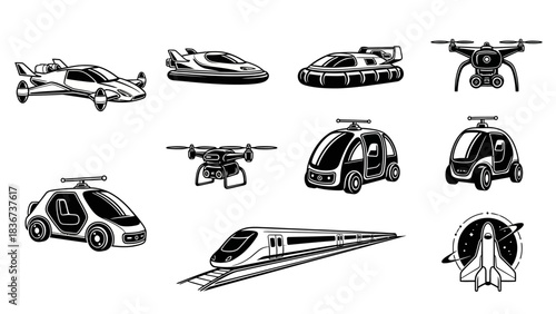 Futuristic Transportation Icons Set Representing Innovative Mobility Concepts and Technologies