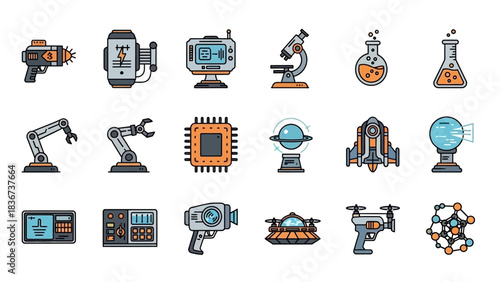Icon Set Illustrating Futuristic and Scientific Concepts Including Robotics, Space Exploration,