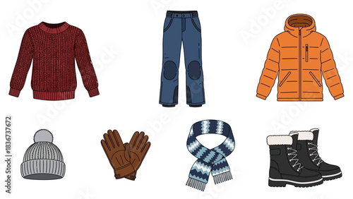 Illustration of complete winter clothes collection including warm sweater and puffer jacket, hat