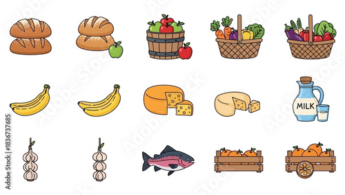 Illustration of farm fresh produce including bread, fruits, vegetables, dairy, and fish