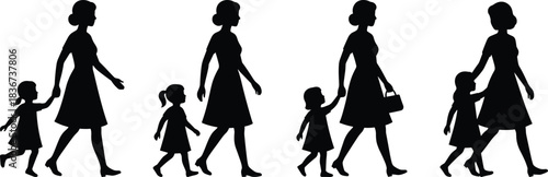 Mother, daughter, walking, silhouette, bonding, family, love, togetherness, parenting, childhood, motion, dress, ponytail, bun, handbag, outdoor, relationship, connection, care, companionship