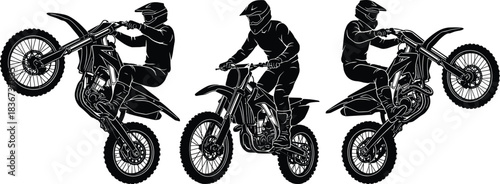 Motocross stunt riders, dirt bike action, extreme sports, wheelie tricks, protective gear, off-road racing, adrenaline, helmets, gloves, boots, dynamic poses