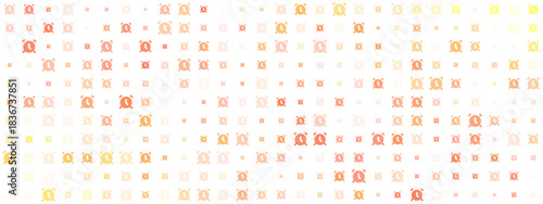 Abstract digital pattern of repeating alarm clock icons in warm orange and yellow hues on a dark transparent background, symbolizing time, urgency, and deadlines.