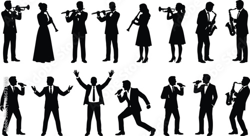 Musicians performing, trumpet, flute, saxophone, clarinet, singers, vocalists, silhouettes, concert, stage, music, harmony, entertainment, live, expressive, artistic, ensemble, performance