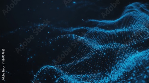 Abstract glowing blue digital particle wave structure in dark space