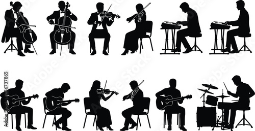 Musicians silhouette, cello players, violinists, guitarists, keyboard performers, drummer, classical instruments, contemporary music, seated ensemble, artistic concert scene, harmony