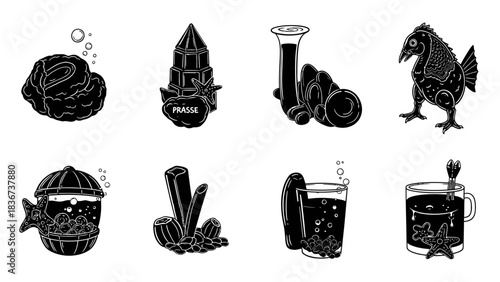 Monochrome underwater themed objects featuring sea creatures, snacks and beverages in glasses