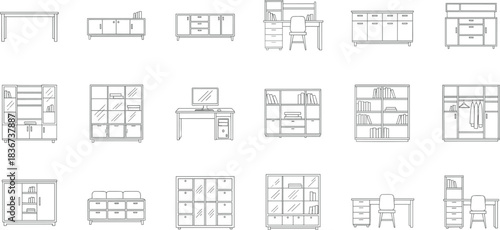 office furniture icons, storage cabinet illustrations, desk vector set, bookshelf line art, wardrobe symbols, interior design elements, furniture catalog graphics