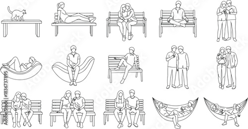 people, bench, hammock, cat, relaxing, sitting, interaction, modern furniture, outdoor, lifestyle, posture, social, casual, urban, minimalist, illustration, blue line, concept, everyday activity