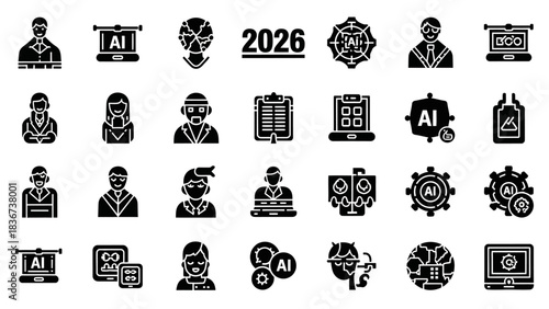 Set of AI-related icons depicting various aspects of artificial intelligence technology and concepts