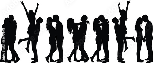 Romantic couple silhouette, love embrace, joyful kiss, passionate hug, emotional connection, black figures, white background, relationship pose, happy moment, intimacy