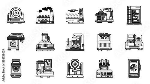 Set of black line icons for manufacturing and industrial processing equipment vector