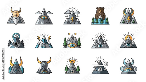 Set of esoteric mystical symbols and geometric elements related to mountains and spirituality