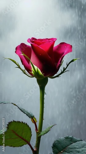 Time-Lapse of Red Rose Blooming Under Gentle Rain