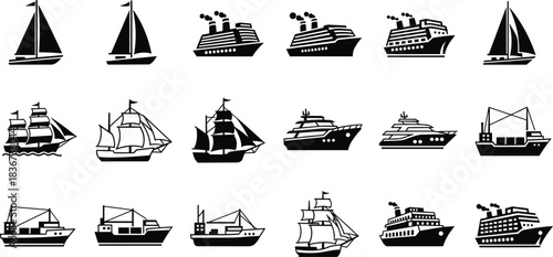 ship, boat, cruise, yacht, sailboat, cargo, fishing, maritime, transport, travel, ocean, sea, vessel, icon, vector, silhouette, black, white, nautical, collection