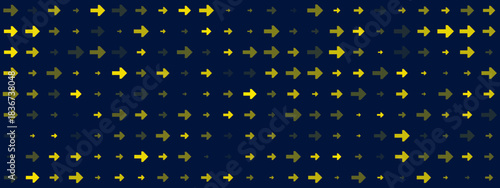 Abstract digital pattern of numerous yellow and dark yellow arrows pointing right on a deep blue background, symbolizing progress, data flow, and forward movement.