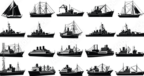 ship silhouettes, maritime vessels, cargo ships, sailboats, warships, fishing boats, passenger liners, naval design, ocean transport, nautical collection