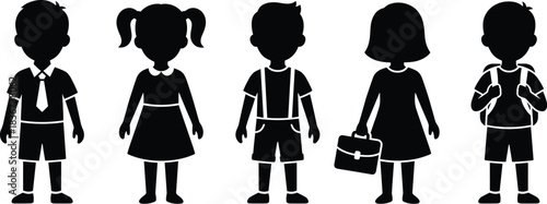 School children silhouettes, diverse outfits, educational theme, black vector kids, classroom concept, student icons, learning illustration, childhood education, uniform styles