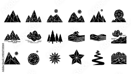 Set of diverse geometric landscape icons featuring mountains trees sun star and sea