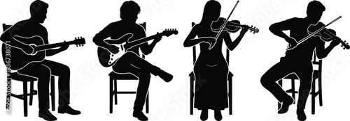 Silhouette musicians playing guitar and violin, seated ensemble, string instrument performance, artistic concert scene, creative music group, black background