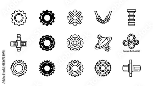 Set of mechanical vector icons including gears cogs and related components