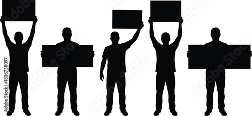 Silhouette protest people, blank signs, activism concept, demonstration crowd, social movement, unity, equality, freedom, public voice, urban street rally