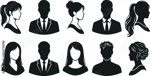 Silhouette, avatar, hairstyle, profile, business, people, icon, diversity, fashion, identity, formal, male, female, vector, design, illustration, concept, black, minimal, modern