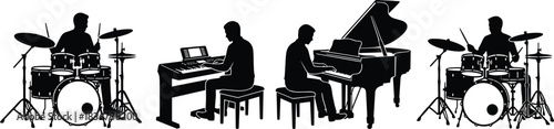 Silhouettes of musicians performing, piano, drums, keyboard, live music, concert vibe, artistic composition, musical instruments, harmony, creativity, teamwork, rhythm, stage, performance