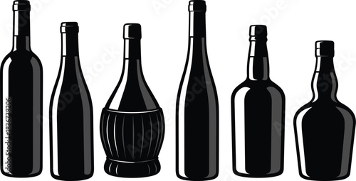Silhouettes of wine bottles, liquor packaging design, vintage glass shapes, alcohol branding, beverage containers, bottle variety, product differentiation, isolated