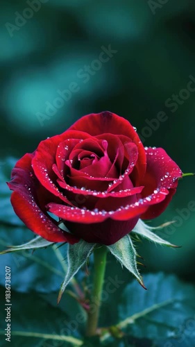 Lush Red Rose Bud with Sparkling Raindrops Against a Deep Teal Background