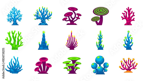 Underwater World Coral Reef Set with Various Sea Plants and Algae Illustrations Cartoon