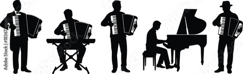 Silhouettes of musicians playing accordion, keyboard, and piano, showcasing diverse posture, instrument style, and performance mood in black backdrop