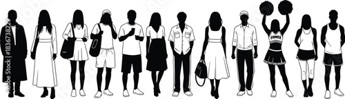 Silhouettes, diverse people, fashion styles, casual wear, formal outfits, athletic gear, cheerleader, youth culture, urban lifestyle, individuality, modern trends