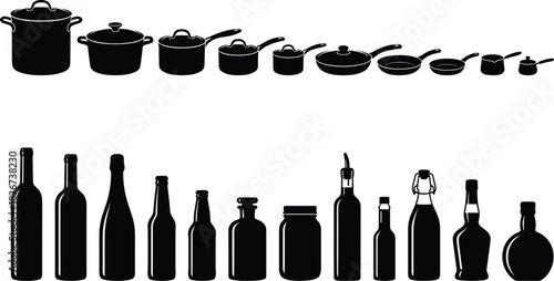 Kitchenware silhouettes, cooking pots, frying pans, saucepans, kettle, bottles, jars, containers, wine, beer, condiments, mason jars, packaging, utensils, cookware, kitchen items, culinary tools