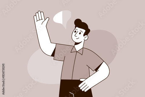 A friendly cartoon man with dark hair and a collared shirt waves hello with a smile, depicted in a flat illustration style.