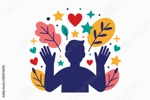 Abstract illustration of a person surrounded by colorful positive elements like hearts, stars, and leaves, symbolizing well-being and happiness.