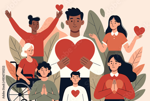 A diverse group of people showing love, unity, and community, with hearts symbolizing care and support for all.