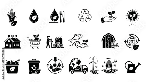 Vector Icons Illustrating Sustainable Practices and Environmental Responsibility Agriculture