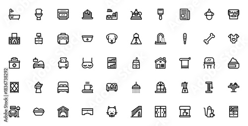Home and living icon set. Vector illustration of houehold items including bathub, sofa, bed, oven, teapo, pet supplies and more. Mnimalist line icons.
