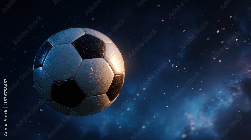 Naklejka premium Soccer ball sport ball black and white leather texture motion blur night sky close up of soccer ball suspended motion against starry night sky with dramatic lighting and visible leather texture