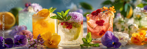 Colorful floral cocktails with citrus and mint garnish on sunlit table, edible flowers and ice creating fresh summer mood with vibrant petals and glassware