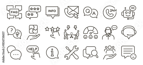 Customer service, technical support and FAQ line icon set. Contact center, chatbot, customer feedback vector symbols. Helpdesk, online assistance, review editable stroke outline icons