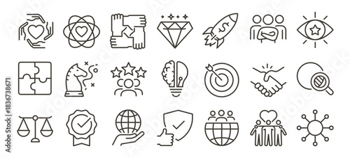 Business core values, mission and vision editable stroke line icon set. Corporate strategy, integrity, company culture, ethics, quality and success outline vector icons